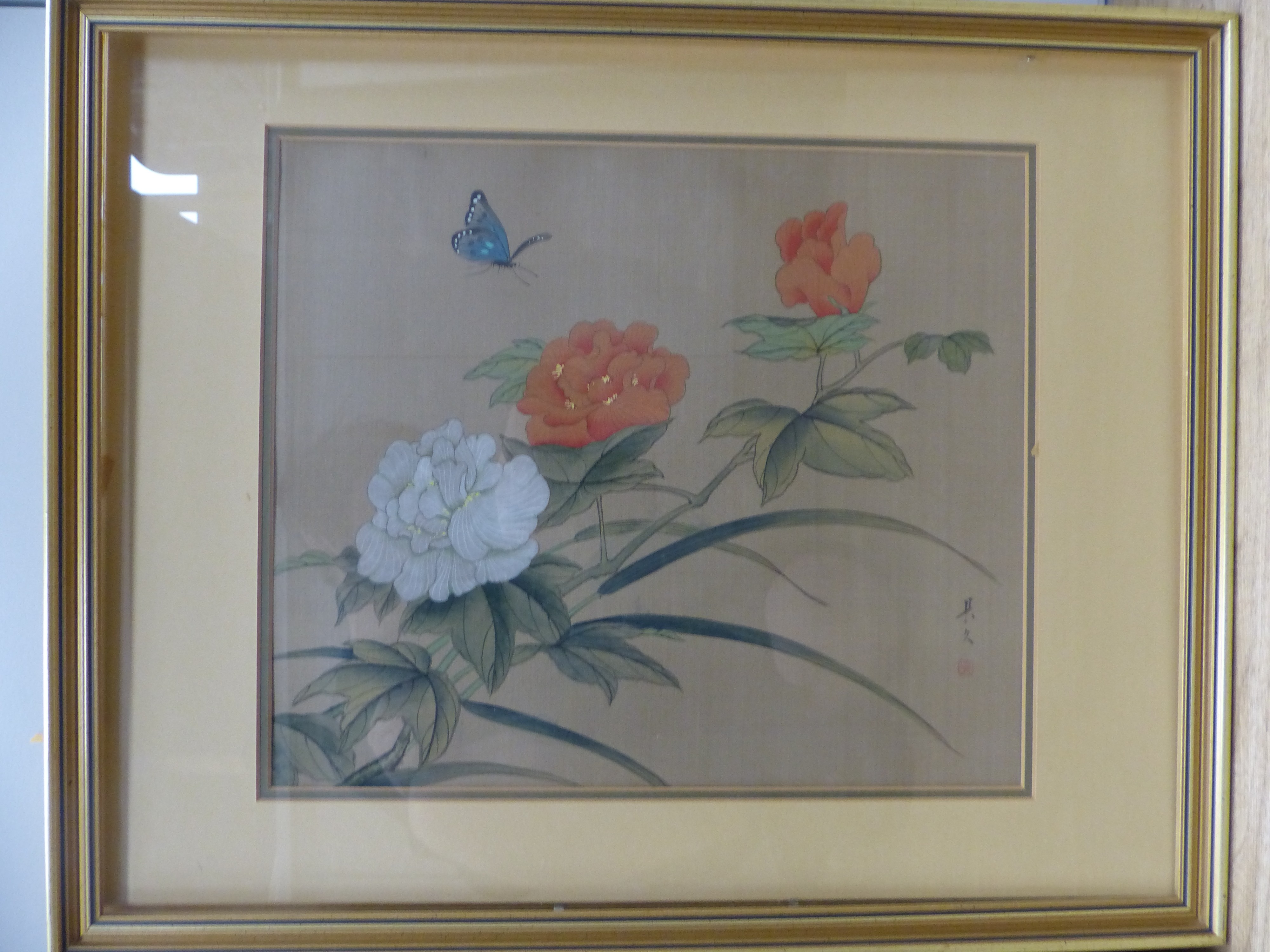 A pair of Chinese watercolours on silk, Butteflies among peony, 36 x 30cm